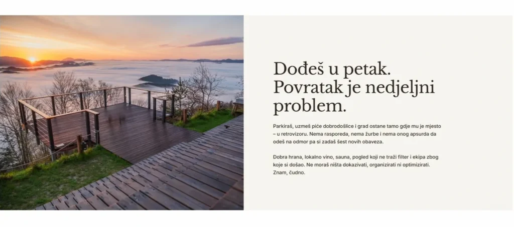 Kad prijevod nije dovoljan: lokalna prilagodba web-sadržaja za Posest Kunigunda 1 Screenshot web-sekcije s fotografijom pogleda s imanja i tekstom o dolasku na vikend-bijeg.