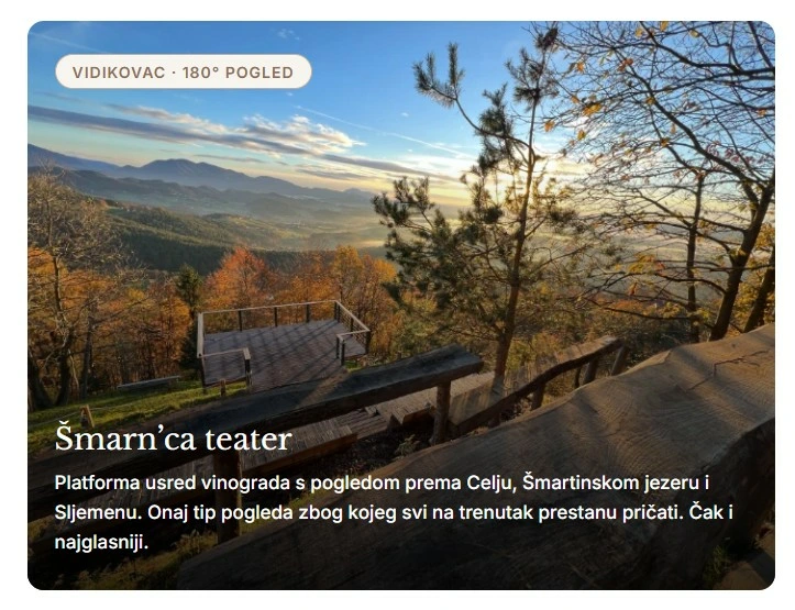 Kad prijevod nije dovoljan: lokalna prilagodba web-sadržaja za Posest Kunigunda 2 Fotografija vidikovca s pogledom na krajolik, uz tekstualni opis prostora Šmarn’ca teater.